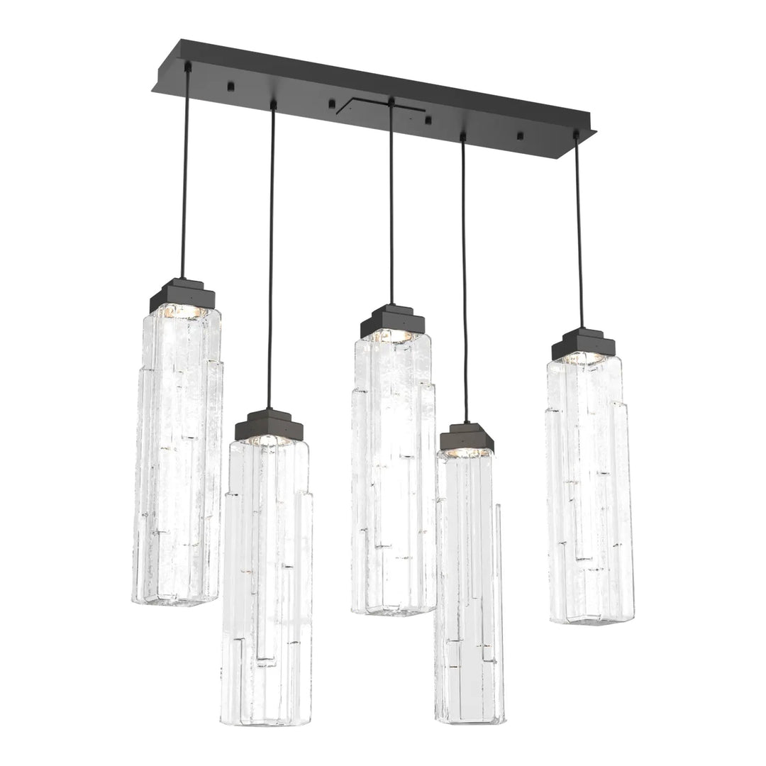 Ledgestone Linear Pendant Chandelier by Hammerton Studio 5 Lights in Matte Black with Clear Ledgestone glass