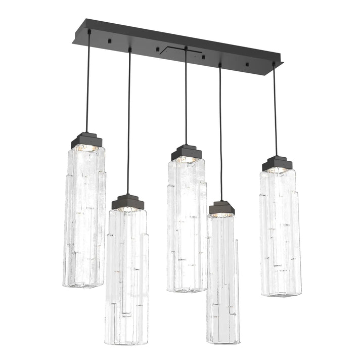 Ledgestone Linear Pendant Chandelier by Hammerton Studio 5 Lights in Matte Black with Clear Ledgestone glass