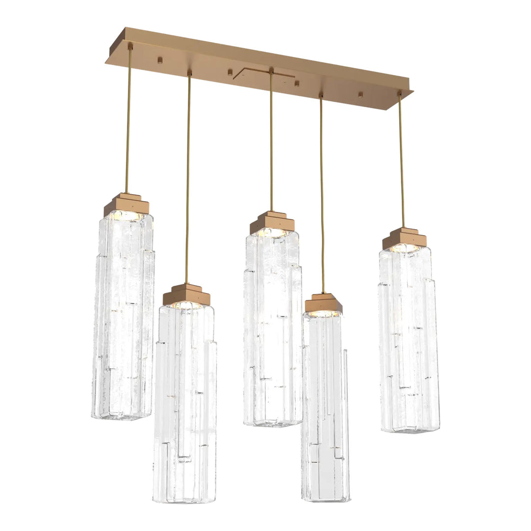 Ledgestone Linear Pendant Chandelier by Hammerton Studio 5 Lights in Novel Brass with Clear Ledgestone glass