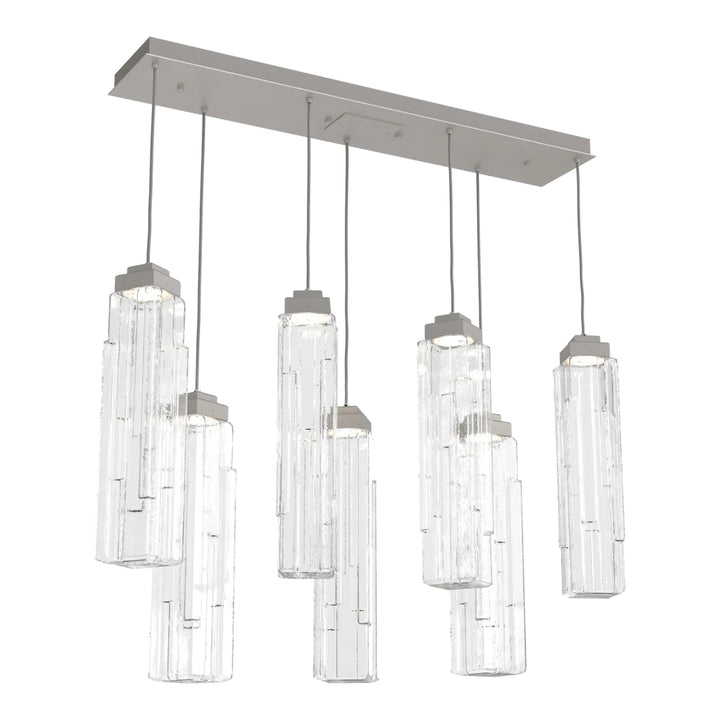 Ledgestone Linear Pendant Chandelier by Hammerton Studio 7 Lights in Beige Silver with Clear Ledgestone glass