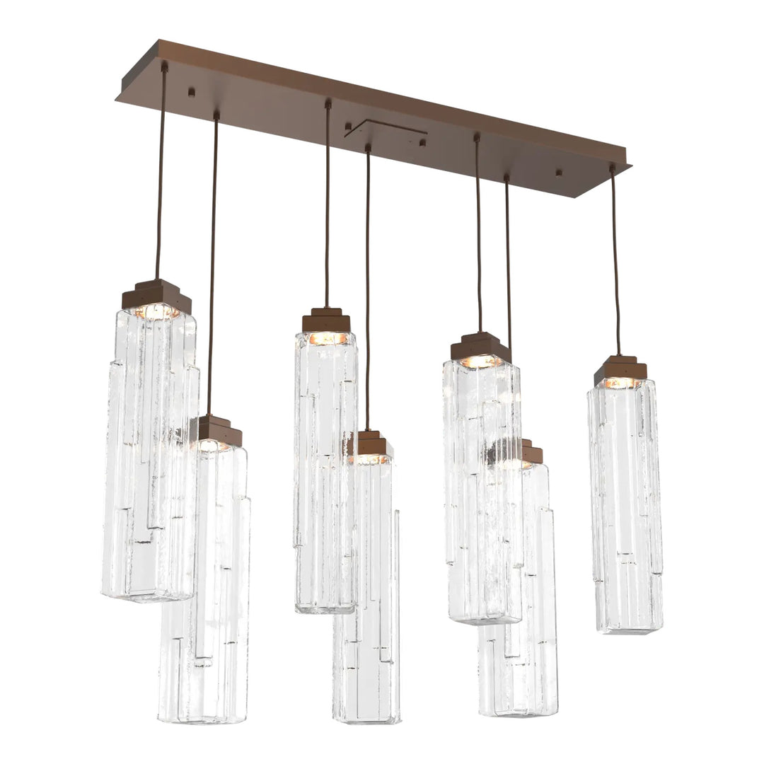 Ledgestone Linear Pendant Chandelier by Hammerton Studio 7 Lights in Burnished Bronze with Clear Ledgestone glass