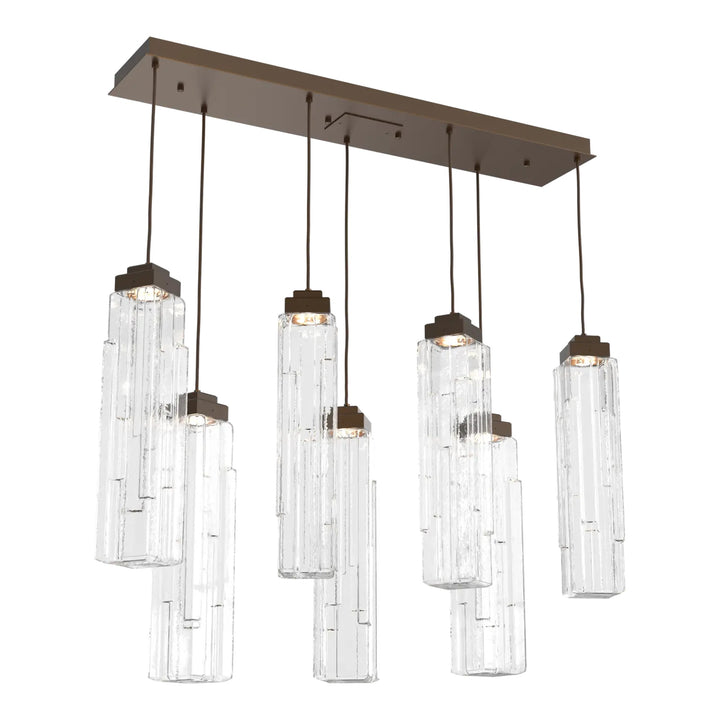 Ledgestone Linear Pendant Chandelier by Hammerton Studio 7 Lights in Flat Bronze with Clear Ledgestone glass