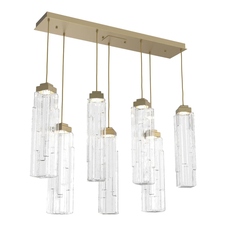 Ledgestone Linear Pendant Chandelier by Hammerton Studio 7 Lights in Gilded Brass with Clear Ledgestone glass