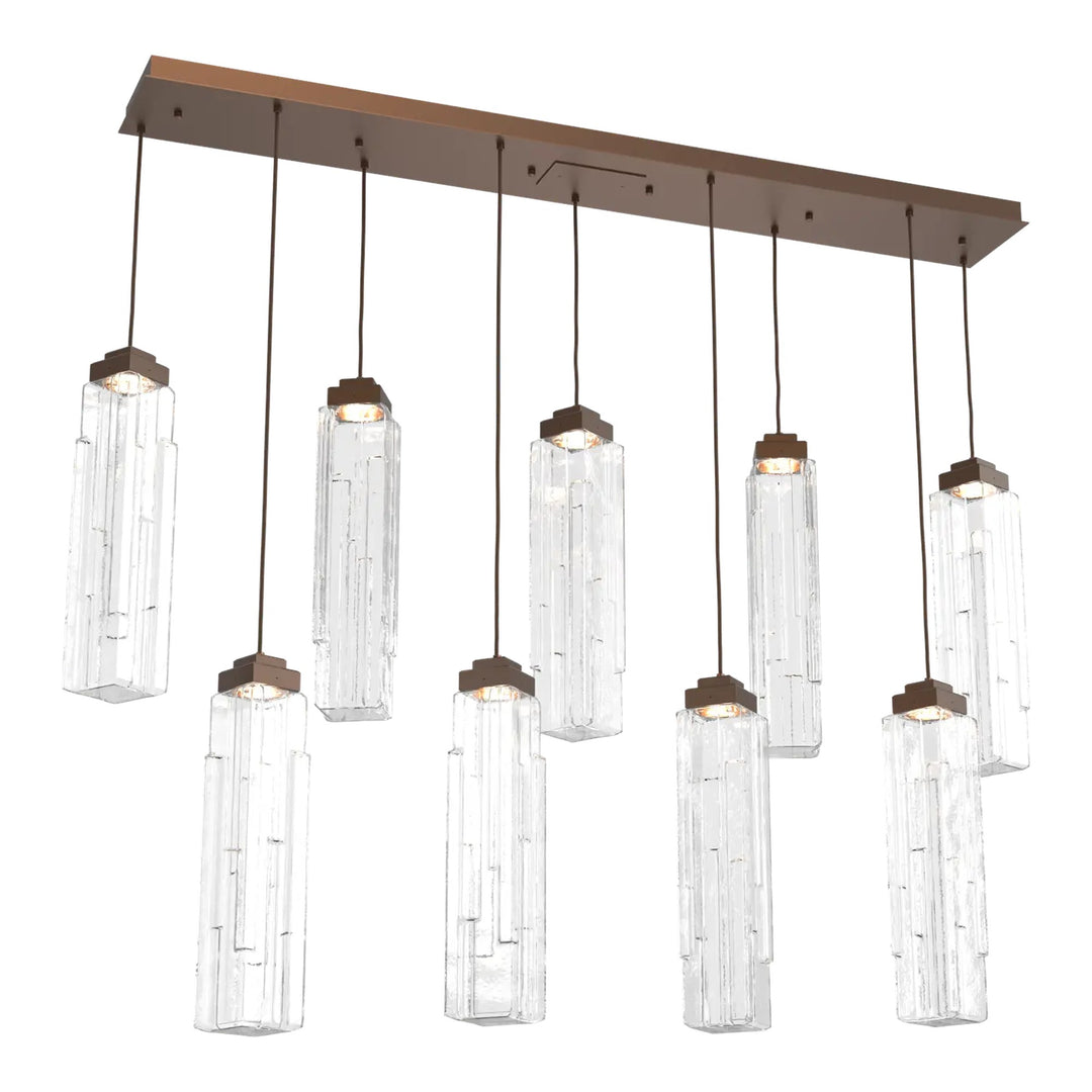 Ledgestone Linear Pendant Chandelier by Hammerton Studio 9 Lights in Burnished Bronze with Clear Ledgestone glass