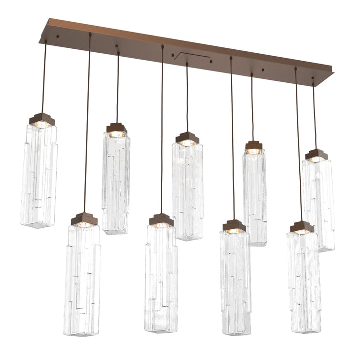 Ledgestone Linear Pendant Chandelier by Hammerton Studio 9 Lights in Burnished Bronze with Clear Ledgestone glass