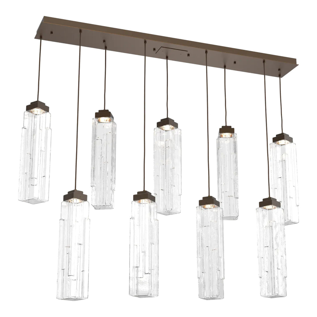 Ledgestone Linear Pendant Chandelier by Hammerton Studio 9 Lights in Flat Bronze with Clear Ledgestone glass