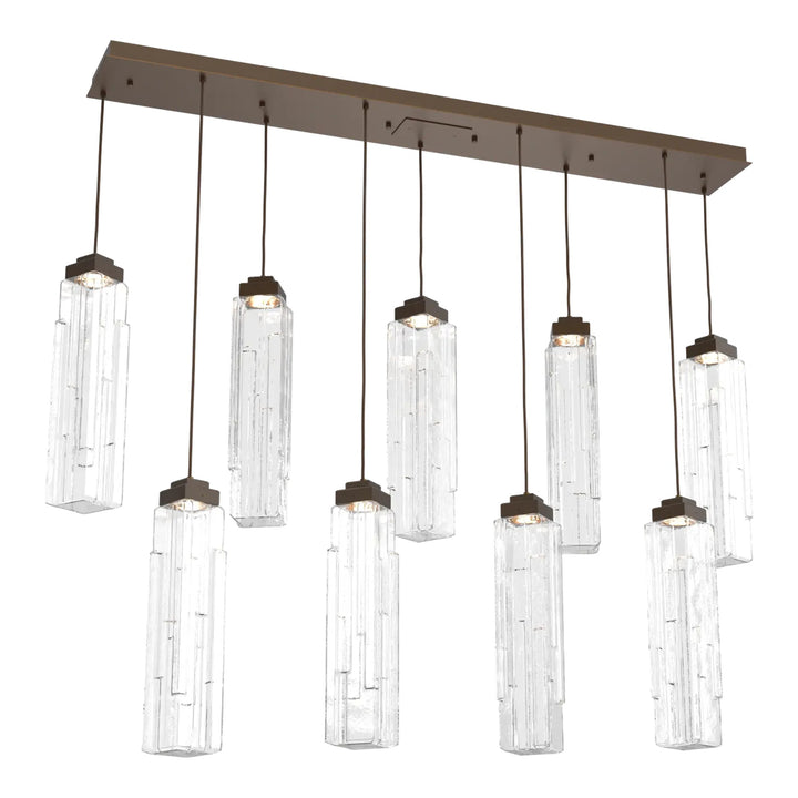 Ledgestone Linear Pendant Chandelier by Hammerton Studio 9 Lights in Flat Bronze with Clear Ledgestone glass