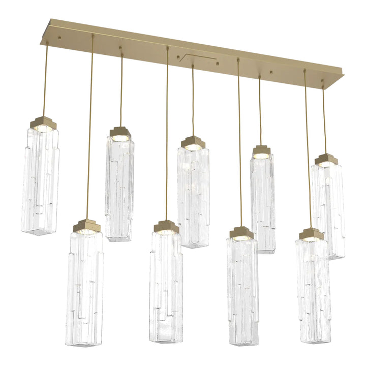 Ledgestone Linear Pendant Chandelier by Hammerton Studio 9 Lights in Gilded Brass with Clear Ledgestone glass