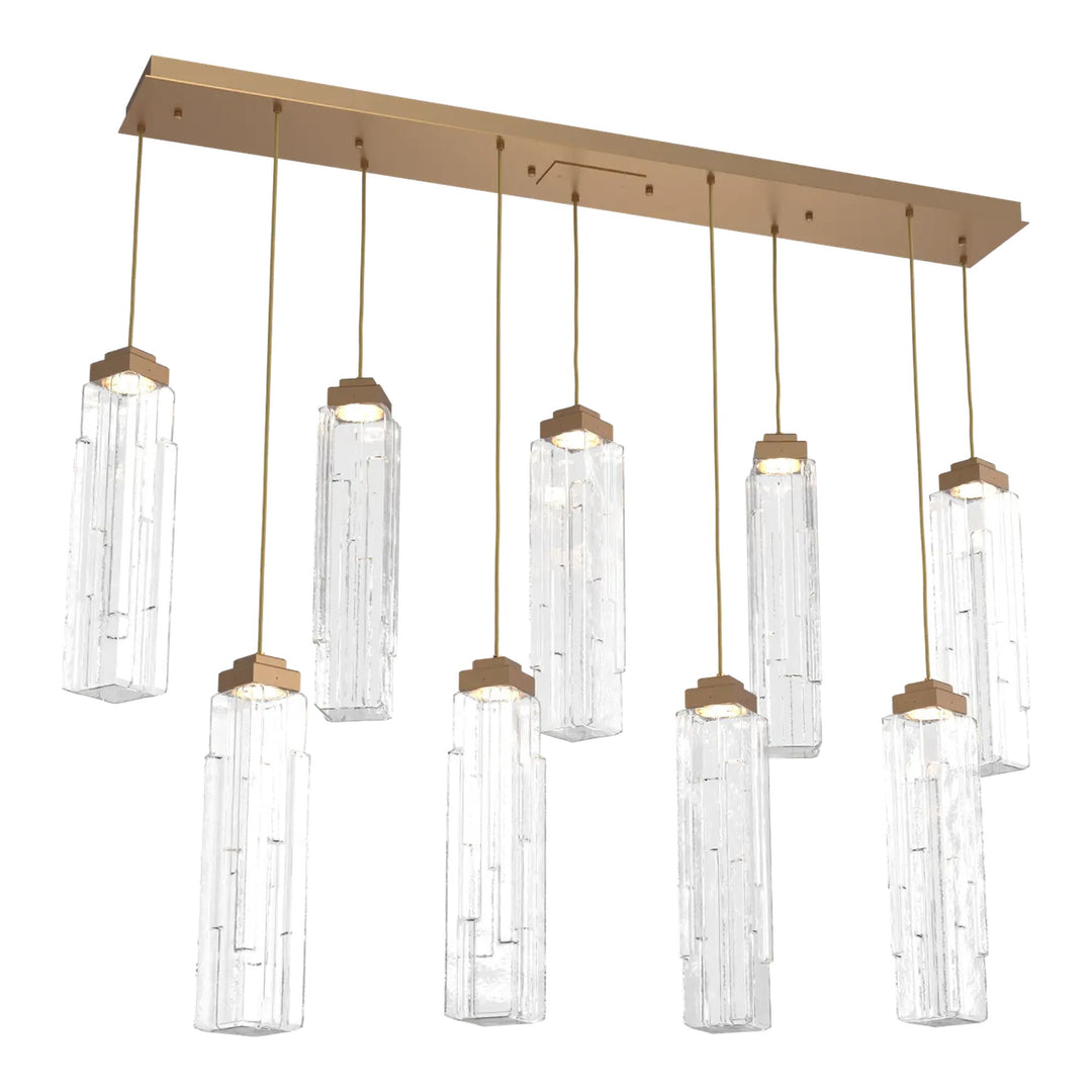 Ledgestone Linear Pendant Chandelier by Hammerton Studio 9 Lights in Novel Brass with Clear Ledgestone glass