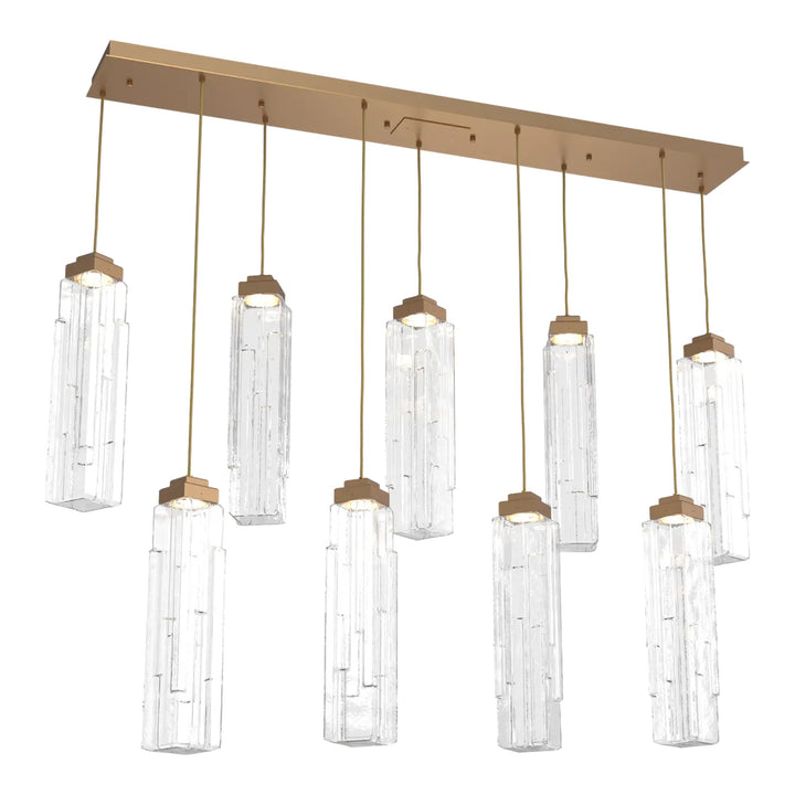 Ledgestone Linear Pendant Chandelier by Hammerton Studio 9 Lights in Novel Brass with Clear Ledgestone glass