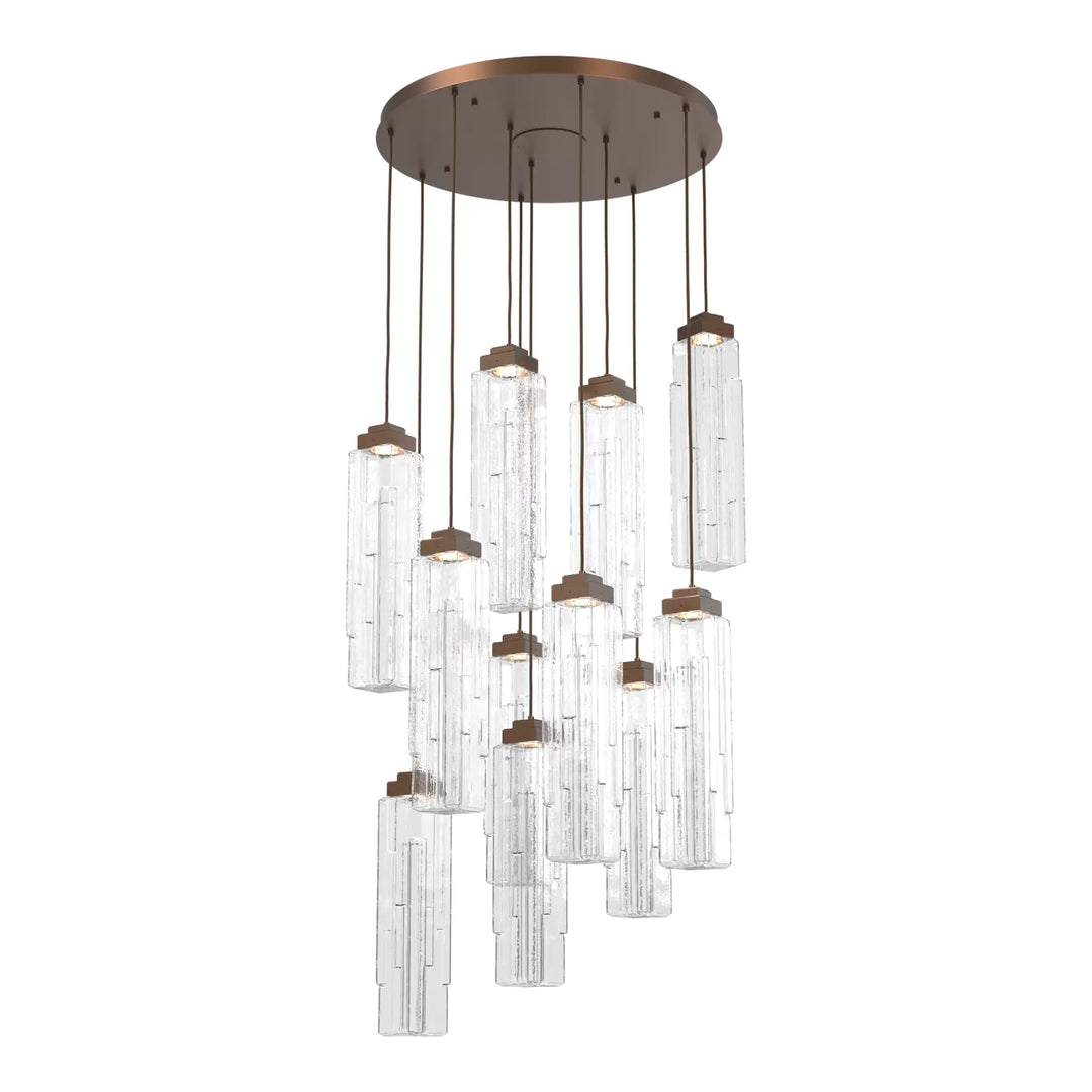 Ledgestone Round Pendant Chandelier by Hammerton Studio 11 Lights in Burnished Bronze with Clear Ledgestone glass on adjustable cord