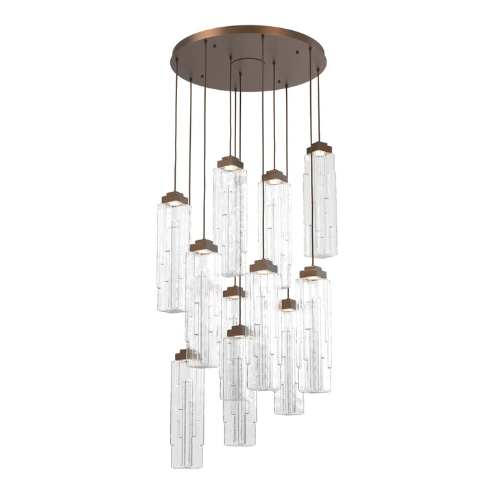 Ledgestone Round Pendant Chandelier by Hammerton Studio 11 Lights in Burnished Bronze with Clear Ledgestone glass on adjustable cord