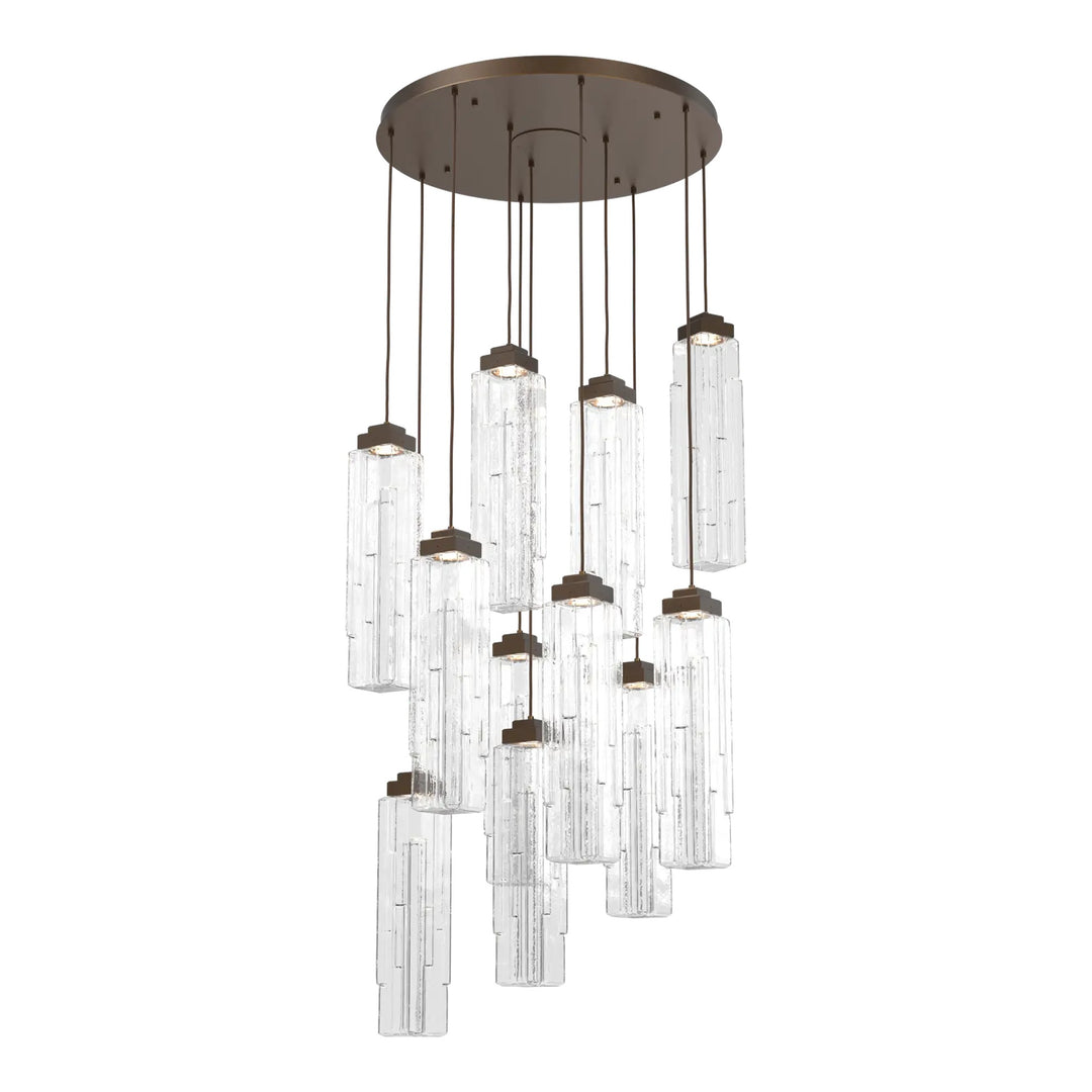 Ledgestone Round Pendant Chandelier by Hammerton Studio 11 Lights in Flat Bronze with Clear Ledgestone glass on adjustable cord