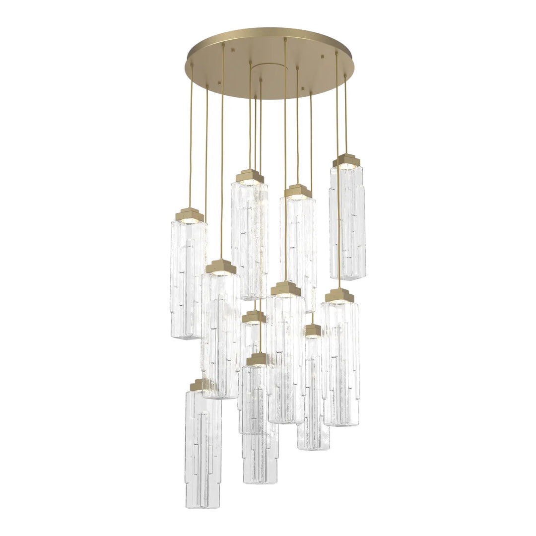 Ledgestone Round Pendant Chandelier by Hammerton Studio 11 Lights in Gilded Brass with Clear Ledgestone glass on adjustable cord