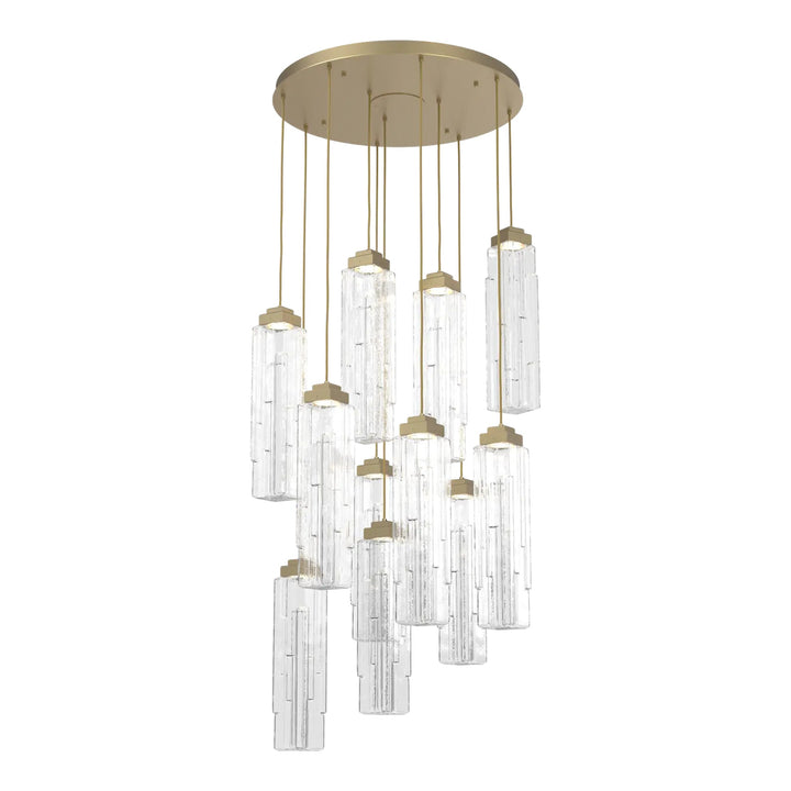 Ledgestone Round Pendant Chandelier by Hammerton Studio 11 Lights in Gilded Brass with Clear Ledgestone glass on adjustable cord