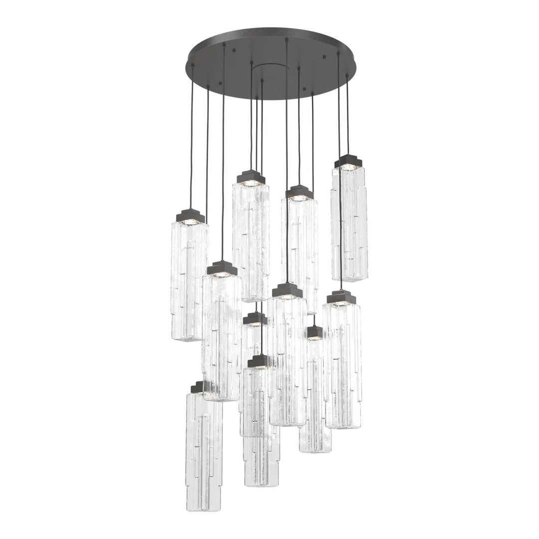 Ledgestone Round Pendant Chandelier by Hammerton Studio 11 Lights in Graphite with Clear Ledgestone glass on adjustable cord
