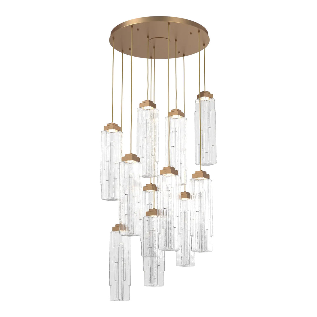 Ledgestone Round Pendant Chandelier by Hammerton Studio 11 Lights in Novel Brass with Clear Ledgestone glass on adjustable cord