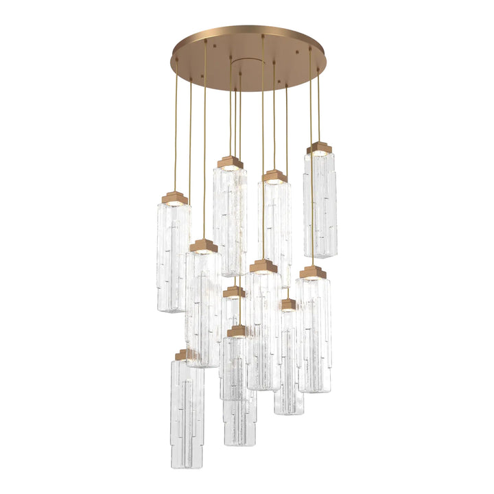 Ledgestone Round Pendant Chandelier by Hammerton Studio 11 Lights in Novel Brass with Clear Ledgestone glass on adjustable cord