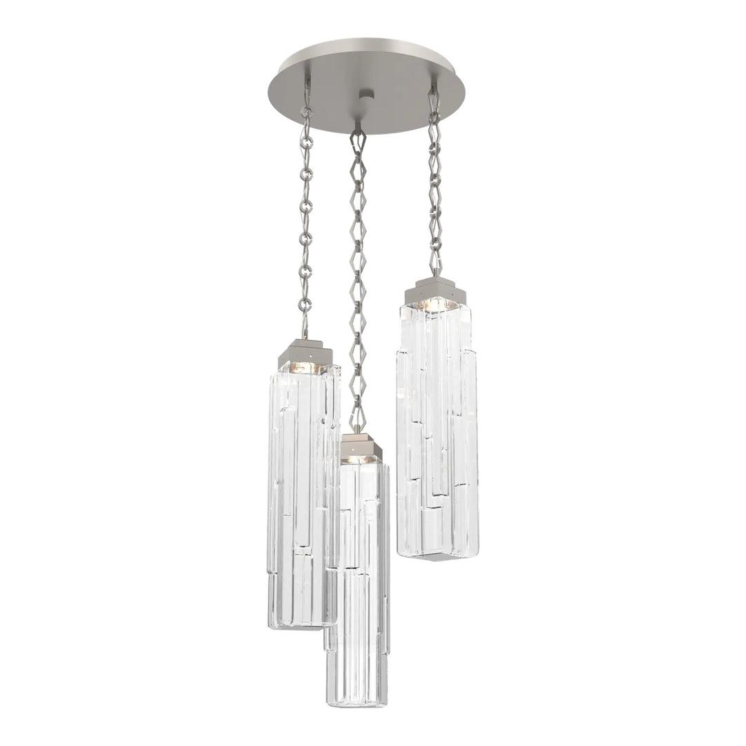 Ledgestone Round Pendant Chandelier by Hammerton Studio 3 Lights in Beige Silver with Clear Ledgestone glass on chain