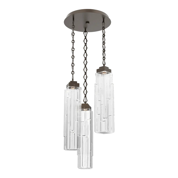 Ledgestone Round Pendant Chandelier by Hammerton Studio 3 Lights in Flat Bronze with Clear Ledgestone glass on chain