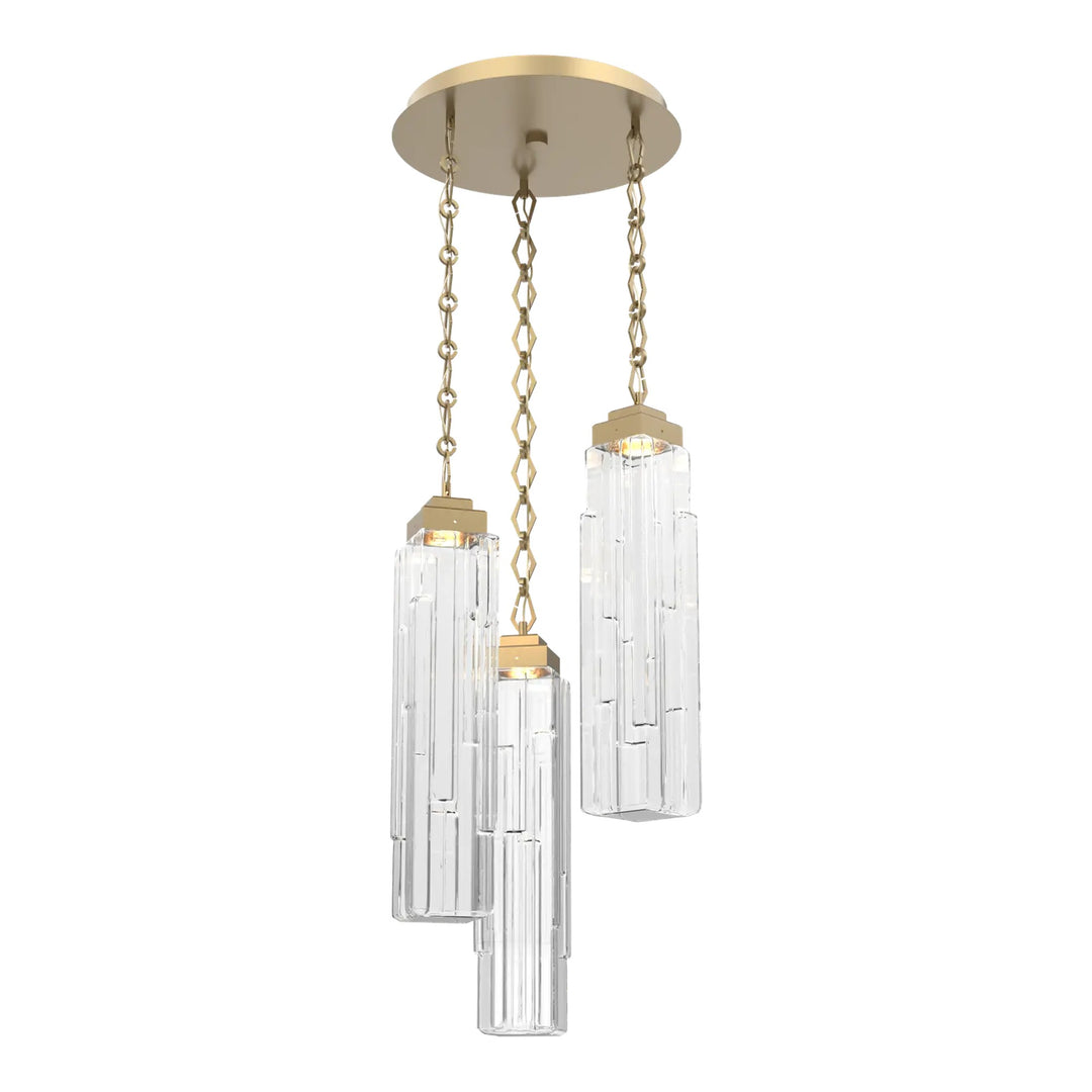 Ledgestone Round Pendant Chandelier by Hammerton Studio 3 Lights in Gilded Brass with Clear Ledgestone glass on chain