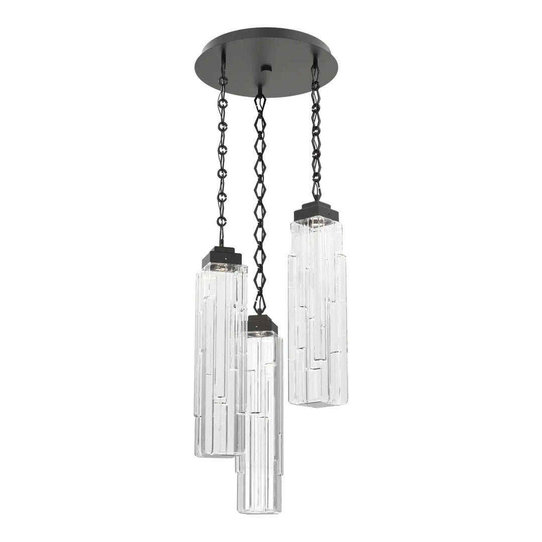 Ledgestone Round Pendant Chandelier by Hammerton Studio 3 Lights in Matte Black with Clear Ledgestone glass on chain