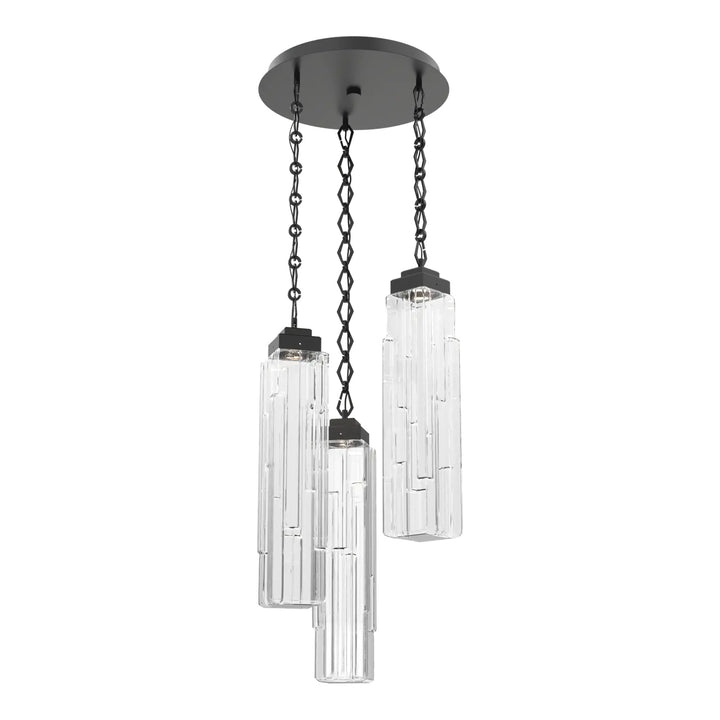 Ledgestone Round Pendant Chandelier by Hammerton Studio 3 Lights in Matte Black with Clear Ledgestone glass on chain