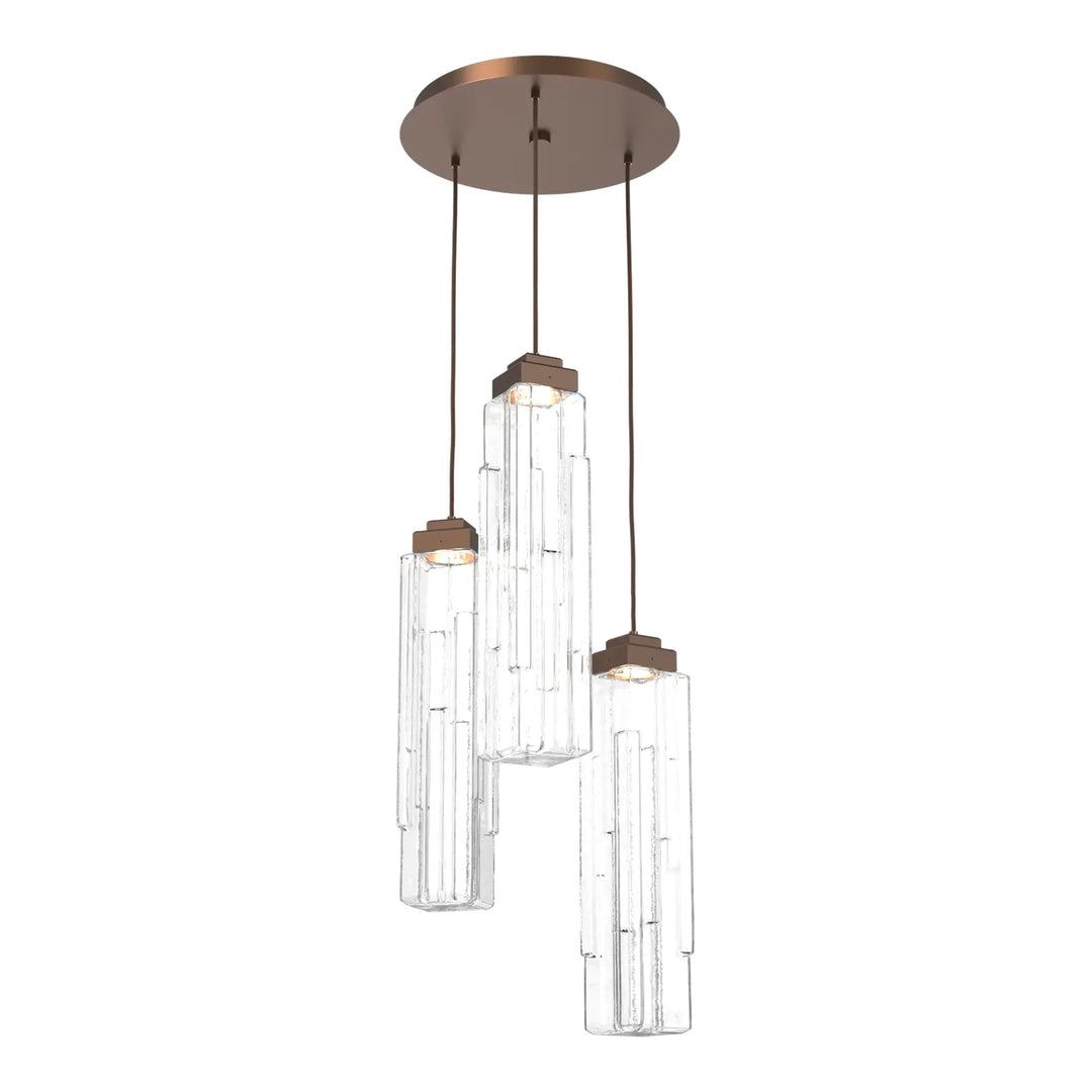 Ledgestone Round Pendant Chandelier by Hammerton Studio 3 Lights in Burnished Bronze with Clear Ledgestone glass on adjustable cord