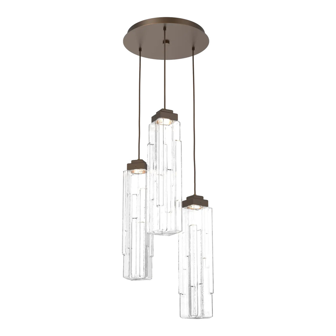 Ledgestone Round Pendant Chandelier by Hammerton Studio 3 Lights in Flat Bronze with Clear Ledgestone glass on adjustable cord