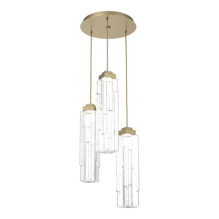 Ledgestone Round Pendant Chandelier by Hammerton Studio 3 Lights in Gilded Brass with Clear Ledgestone glass on adjustable cord