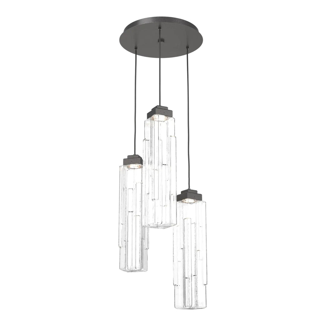 Ledgestone Round Pendant Chandelier by Hammerton Studio 3 Lights in Graphite with Clear Ledgestone glass on adjustable cord
