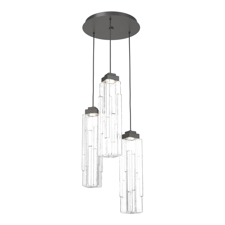 Ledgestone Round Pendant Chandelier by Hammerton Studio 3 Lights in Graphite with Clear Ledgestone glass on adjustable cord