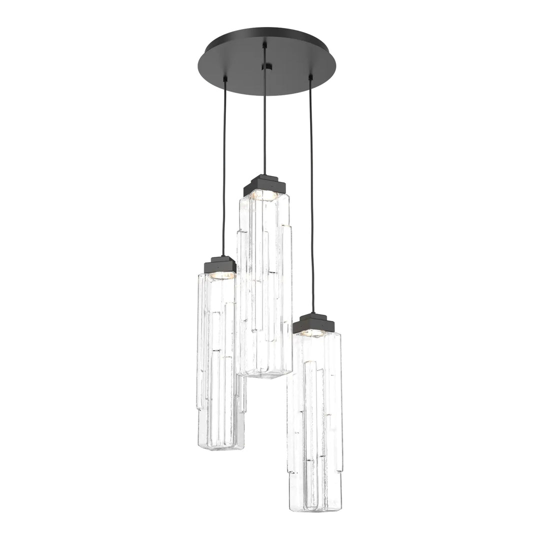 Ledgestone Round Pendant Chandelier by Hammerton Studio 3 Lights in Matte Black with Clear Ledgestone glass on adjustable cord