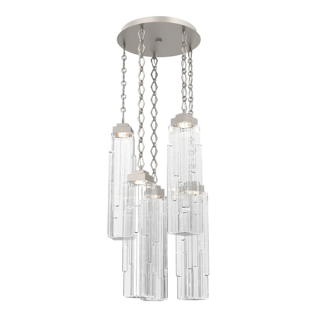 Ledgestone Round Pendant Chandelier by Hammerton Studio 5 Lights in Beige Silver with Clear Ledgestone glass on chain