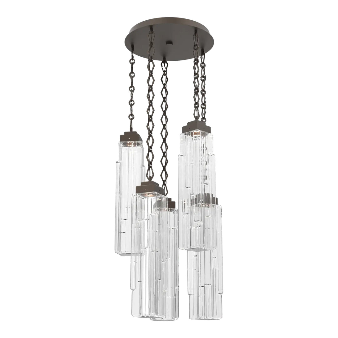 Ledgestone Round Pendant Chandelier by Hammerton Studio 5 Lights in Flat Bronze with Clear Ledgestone glass on chain