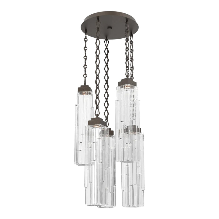 Ledgestone Round Pendant Chandelier by Hammerton Studio 5 Lights in Flat Bronze with Clear Ledgestone glass on chain