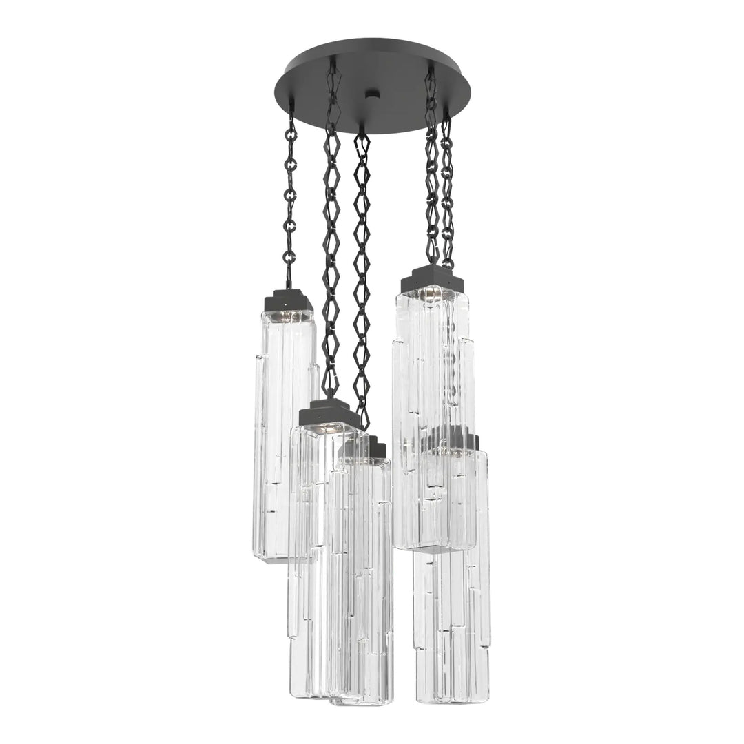 Ledgestone Round Pendant Chandelier by Hammerton Studio 5 Lights in Matte Black with Clear Ledgestone glass on chain