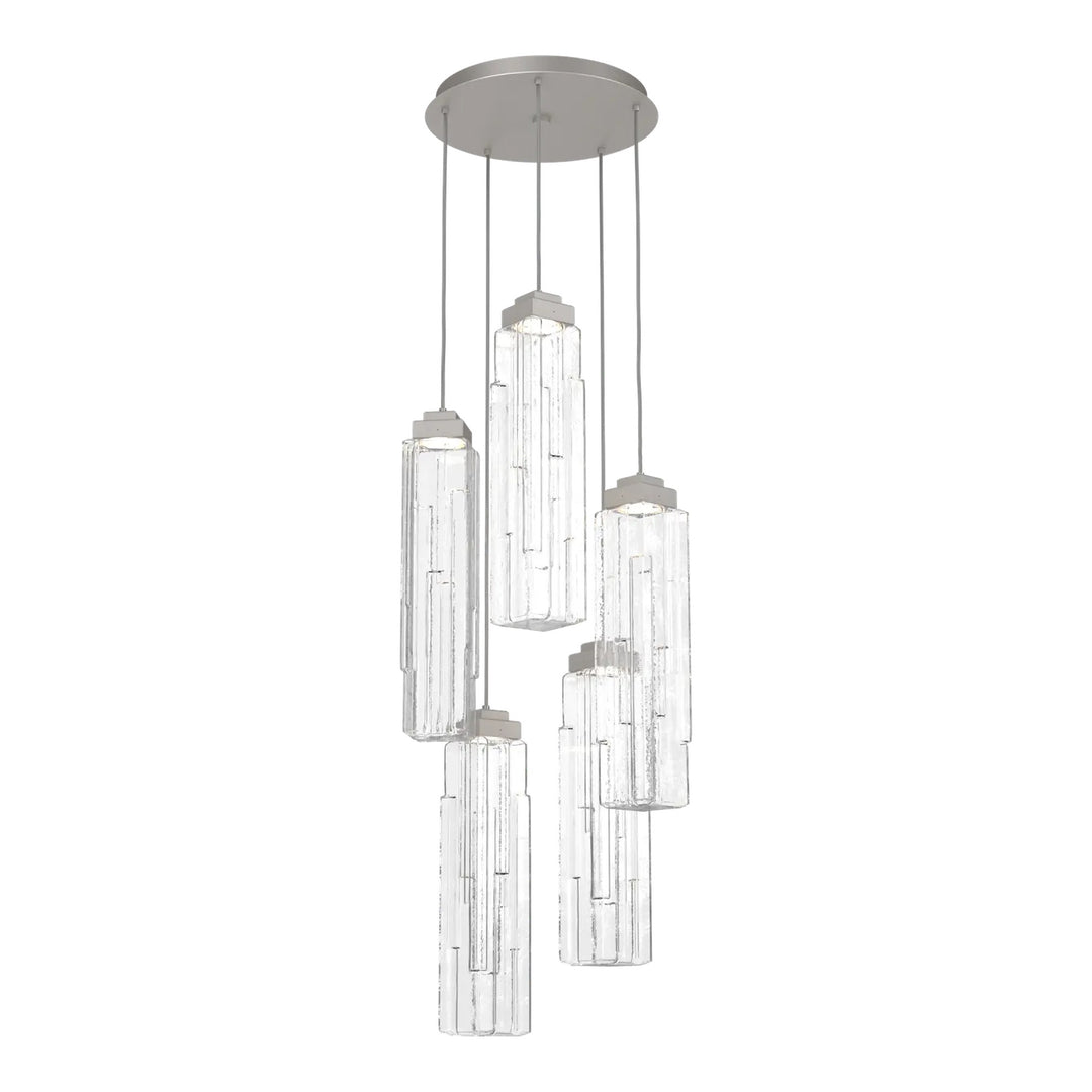 Ledgestone Round Pendant Chandelier by Hammerton Studio 5 Lights in Beige Silver with Clear Ledgestone glass on adjustable cord