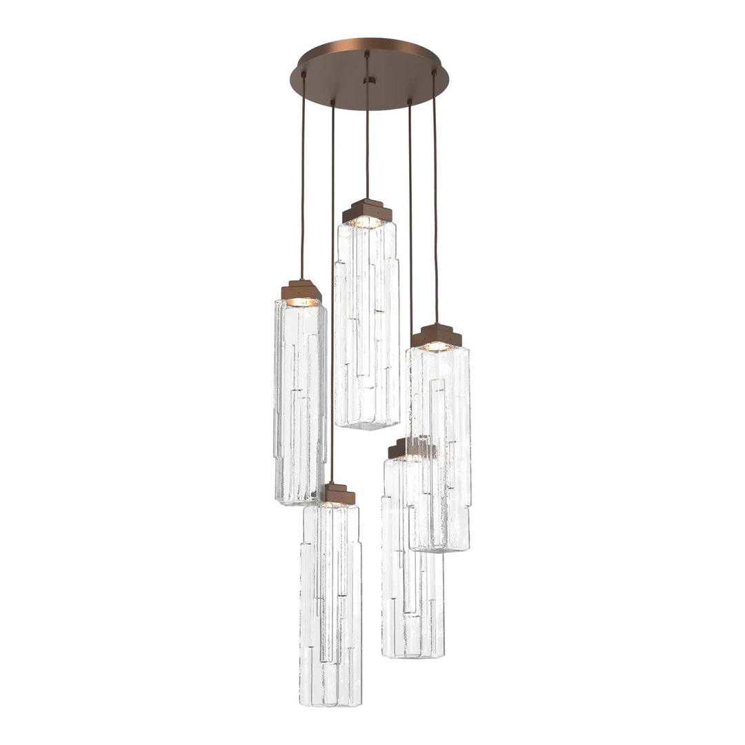 Ledgestone Round Pendant Chandelier by Hammerton Studio 5 Lights in Burnished Bronze with Clear Ledgestone glass on adjustable cord
