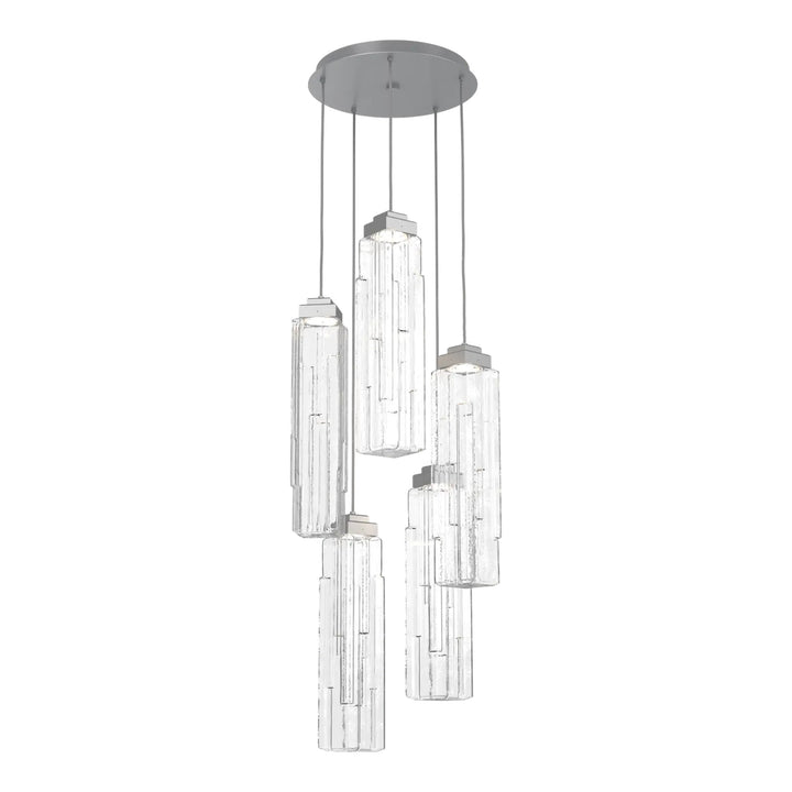 Ledgestone Round Pendant Chandelier by Hammerton Studio 5 Lights in Classic Silver with Clear Ledgestone glass on adjustable cord