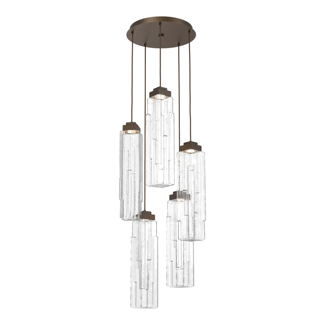 Ledgestone Round Pendant Chandelier by Hammerton Studio 5 Lights in Flat Bronze with Clear Ledgestone glass on adjustable cord