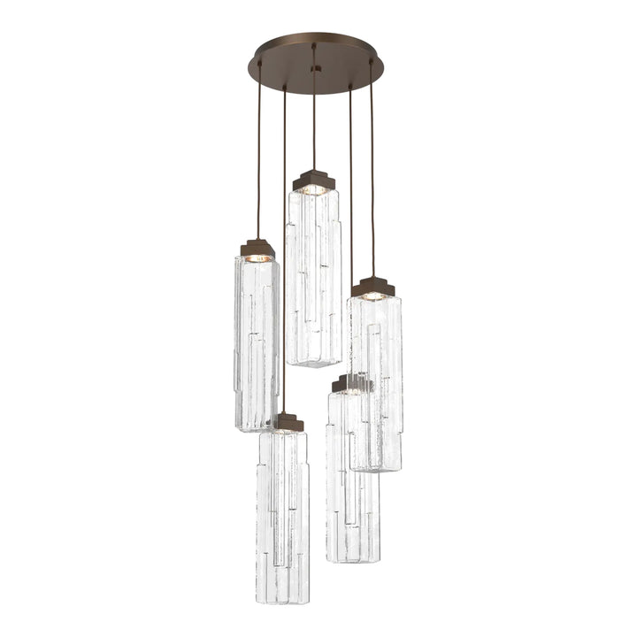 Ledgestone Round Pendant Chandelier by Hammerton Studio 5 Lights in Flat Bronze with Clear Ledgestone glass on adjustable cord