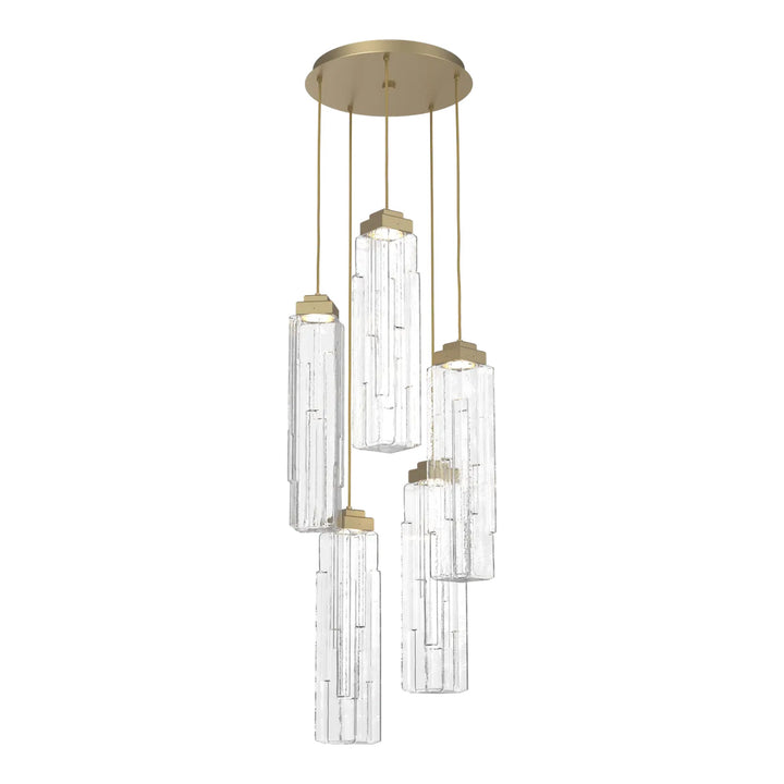 Ledgestone Round Pendant Chandelier by Hammerton Studio 5 Lights in Gilded Brass with Clear Ledgestone glass on adjustable cord