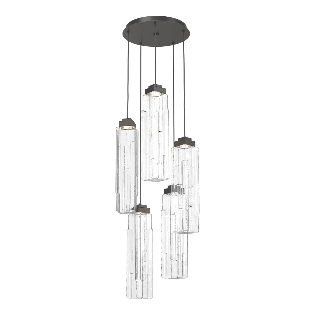 Ledgestone Round Pendant Chandelier by Hammerton Studio 5 Lights in Graphite with Clear Ledgestone glass on adjustable cord