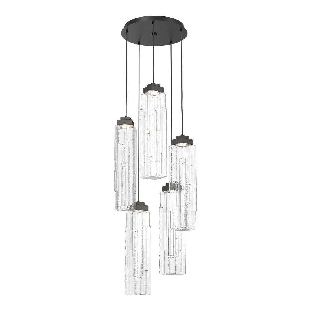 Ledgestone Round Pendant Chandelier by Hammerton Studio 5 Lights in Matte Black with Clear Ledgestone glass on adjustable cord