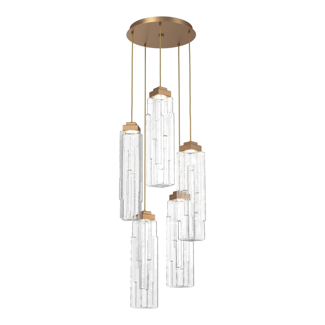 Ledgestone Round Pendant Chandelier by Hammerton Studio 5 Lights in Novel Brass with Clear Ledgestone glass on adjustable cord