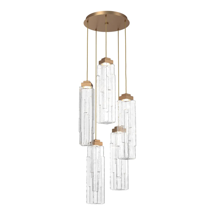 Ledgestone Round Pendant Chandelier by Hammerton Studio 5 Lights in Novel Brass with Clear Ledgestone glass on adjustable cord
