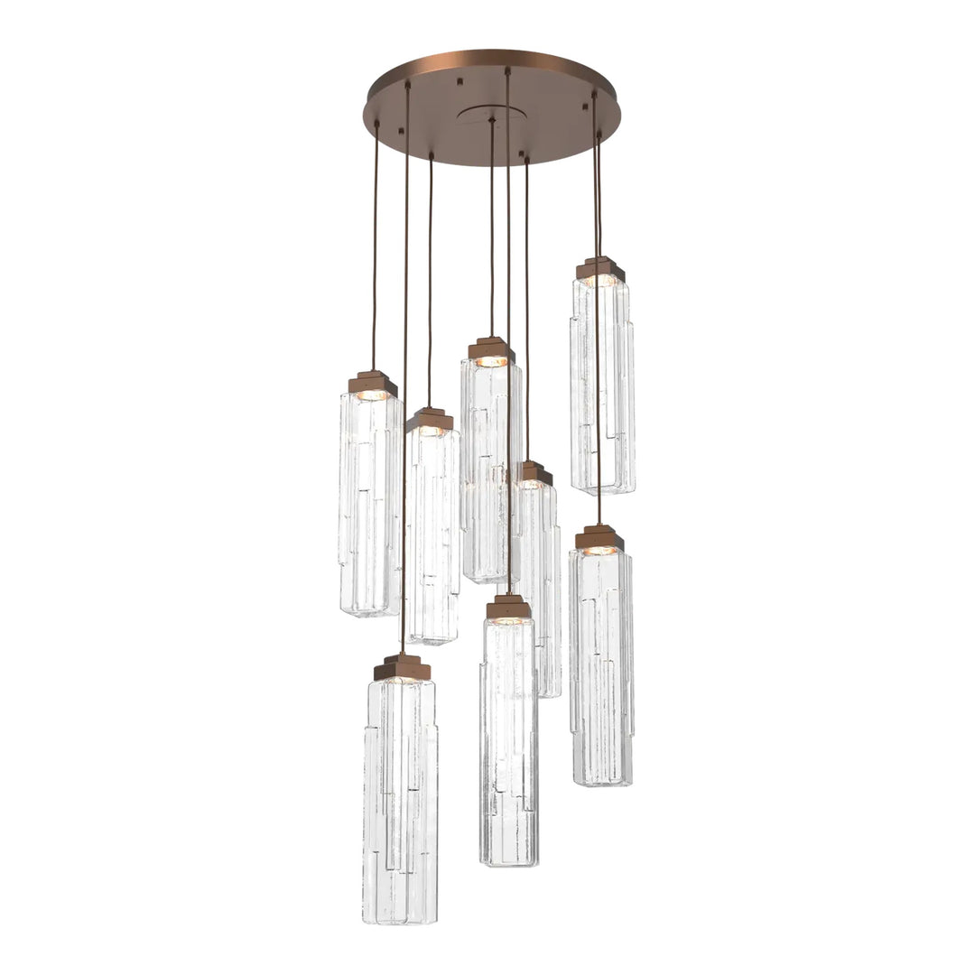 Ledgestone Round Pendant Chandelier by Hammerton Studio 8 Lights in Burnished Bronze with Clear Ledgestone glass on adjustable cord