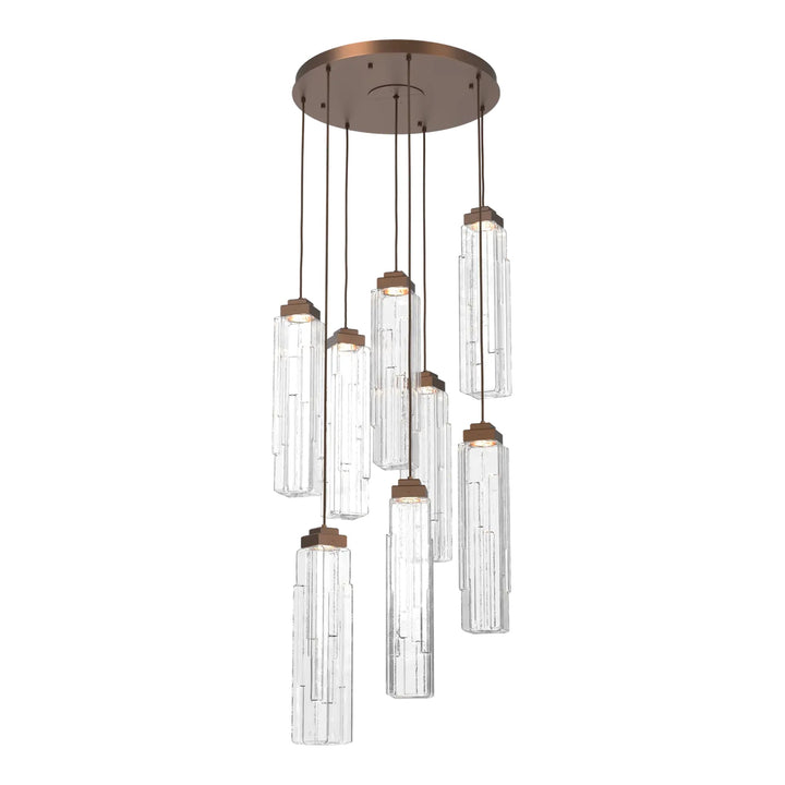 Ledgestone Round Pendant Chandelier by Hammerton Studio 8 Lights in Burnished Bronze with Clear Ledgestone glass on adjustable cord