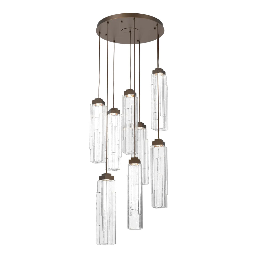 Ledgestone Round Pendant Chandelier by Hammerton Studio 8 Lights in Flat Bronze with Clear Ledgestone glass on adjustable cord